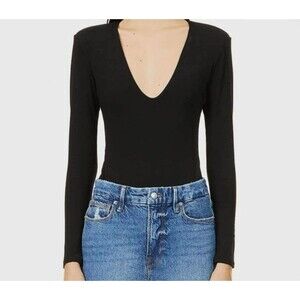 Good American Low Down Deep Long Sleeve Bodysuit Black V Neck Size 3 L
